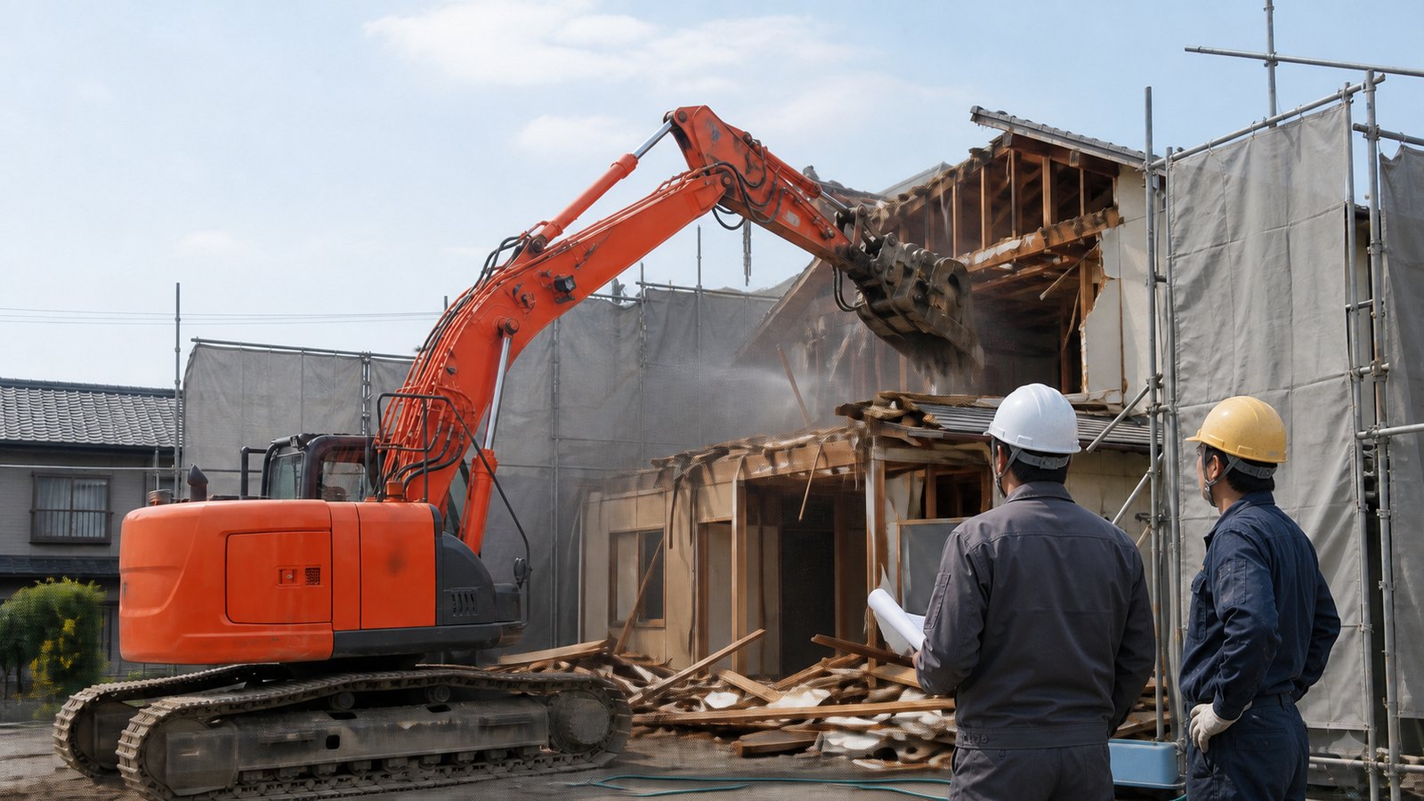 解体現場で作業を確認する自社の職人と重機